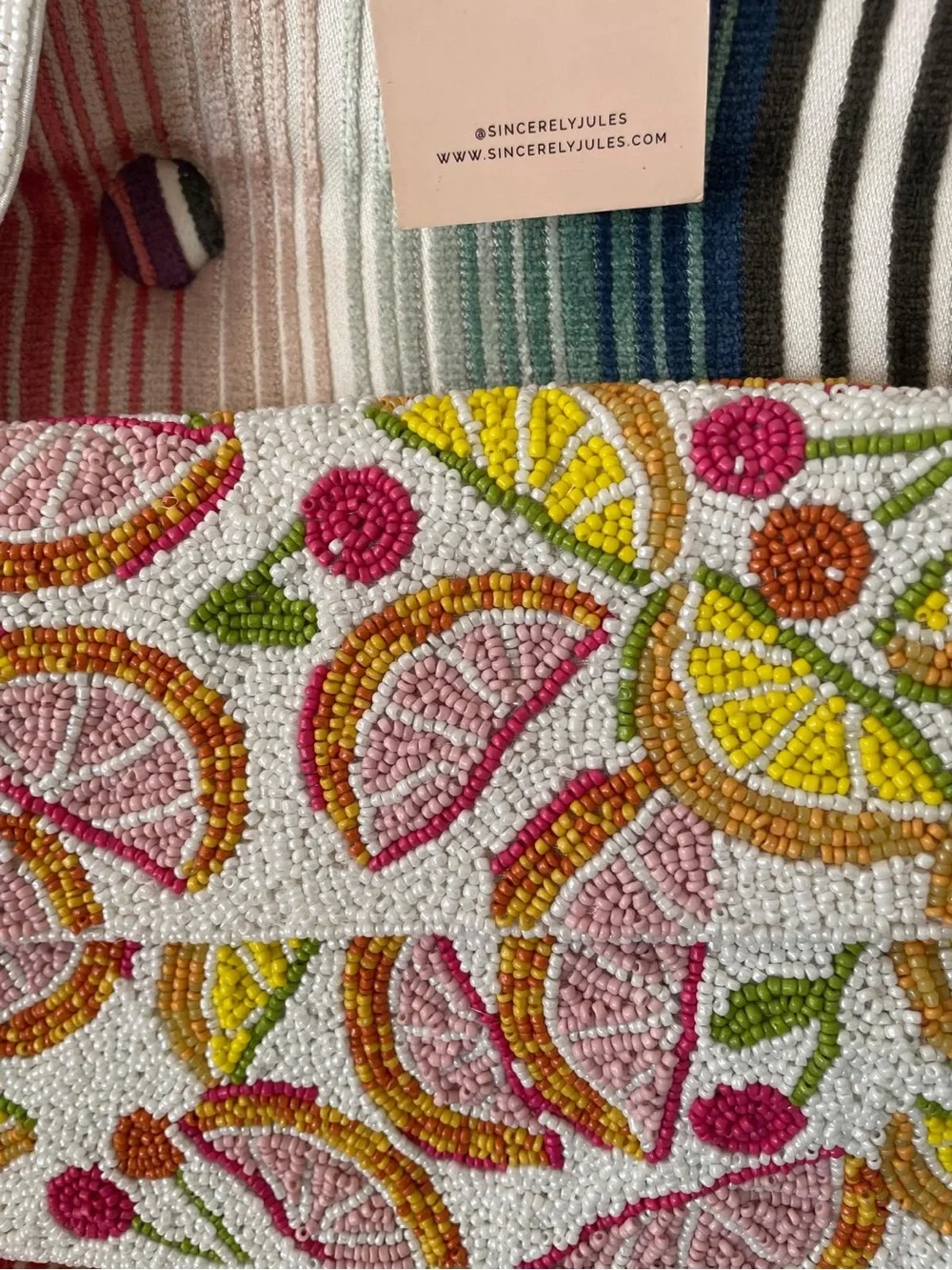 Beaded Citrus Print Shoulder Bag - White/Pink/Yellow